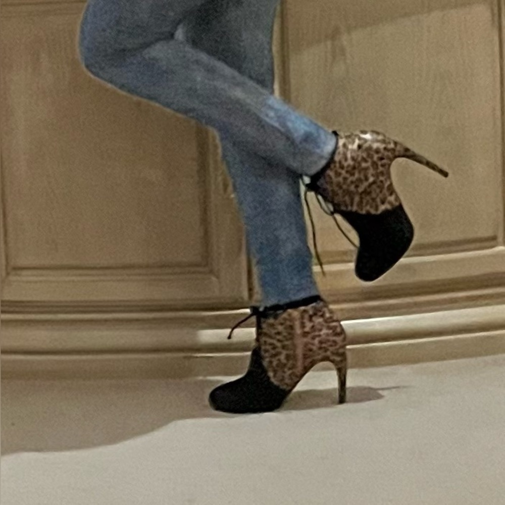 Leopard & Black High Heel Ankle Boots